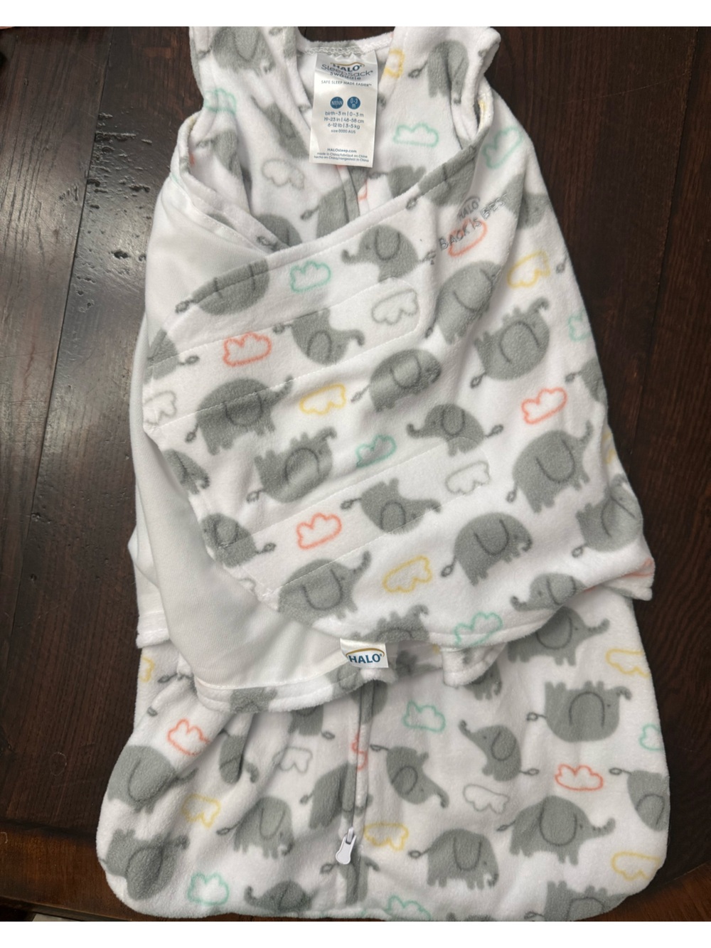 Halo Baby White Plush Swaddle Blanket with Gray Elephant Print
